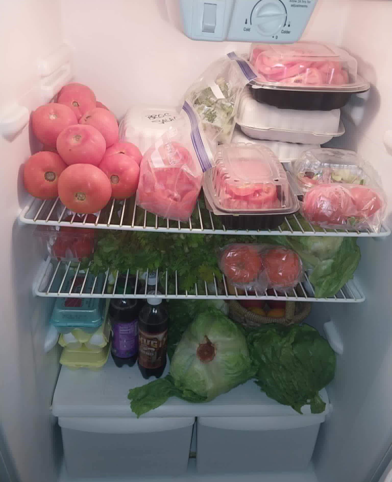 A Community Porch refrigerator in Hoosick Falls NY stocked with fresh tomatoes, lettuce, and prepared salads