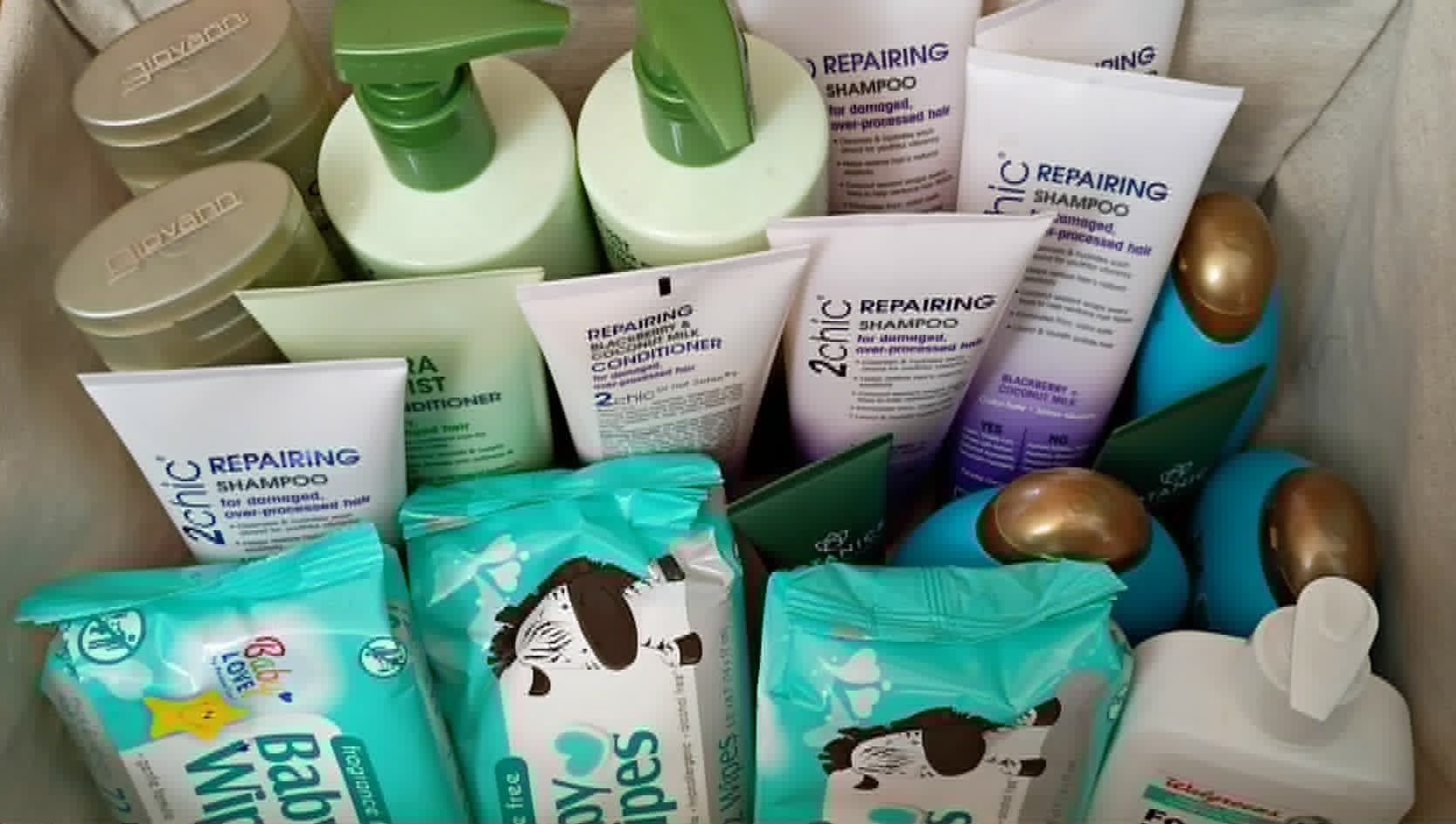 A basket of donated shampoo, conditioner, and baby wipes for the Community Porch in Hoosick Falls NY