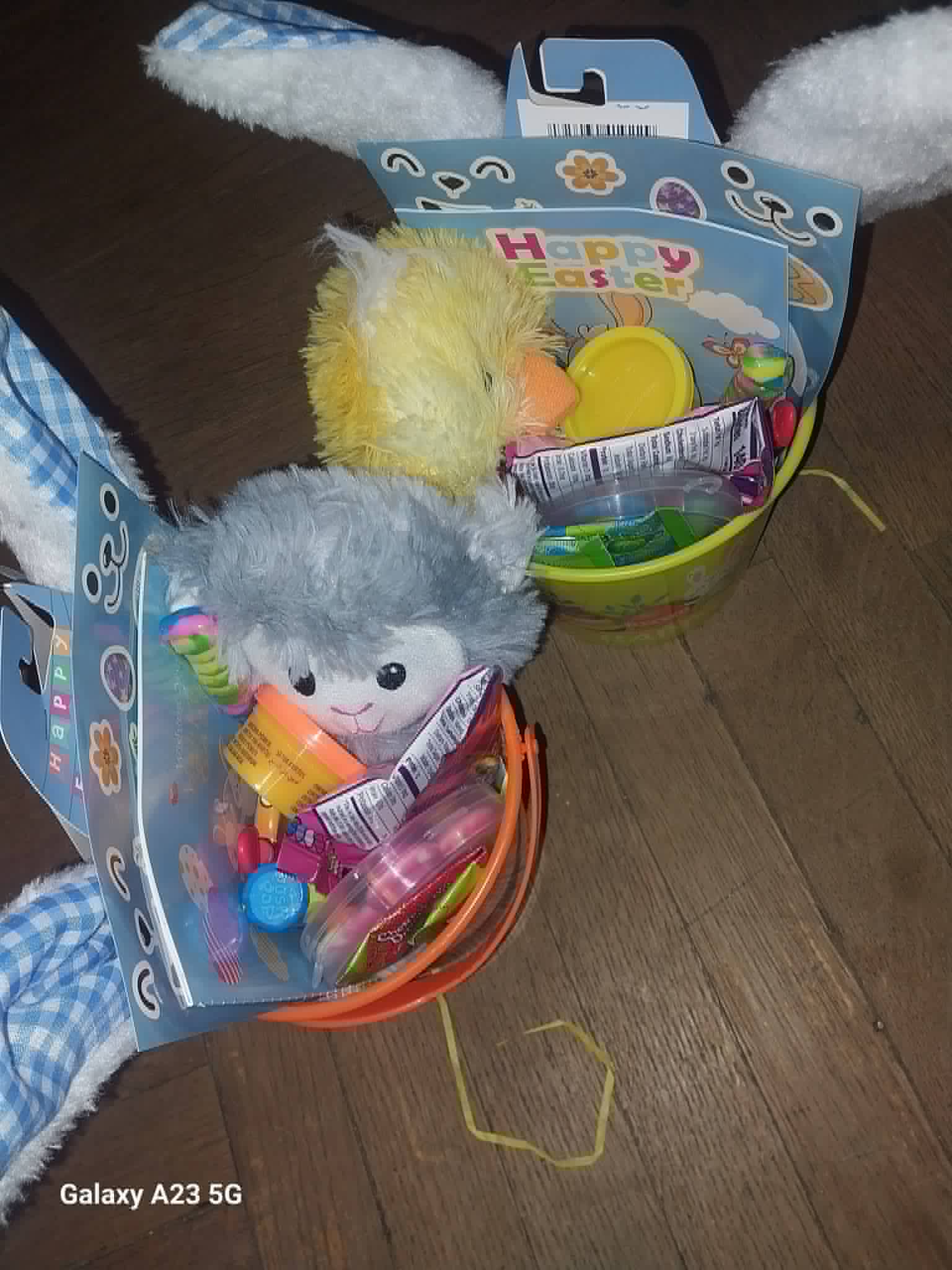Two finished Easter baskets with plush animals and candy from the Community Porch in Hoosick Falls NY