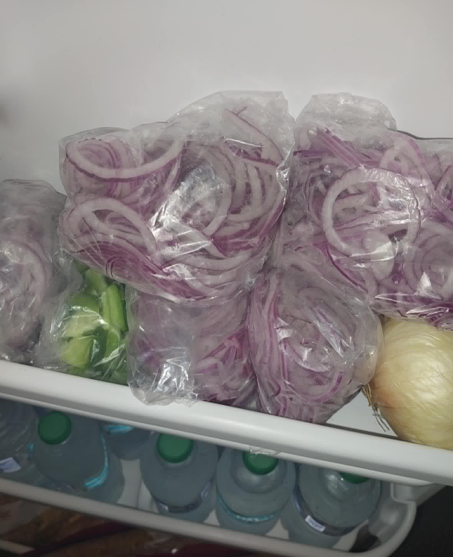A Community Porch refrigerator shelf in Hoosick Falls NY with bagged fresh onions, peppers, and bottled water