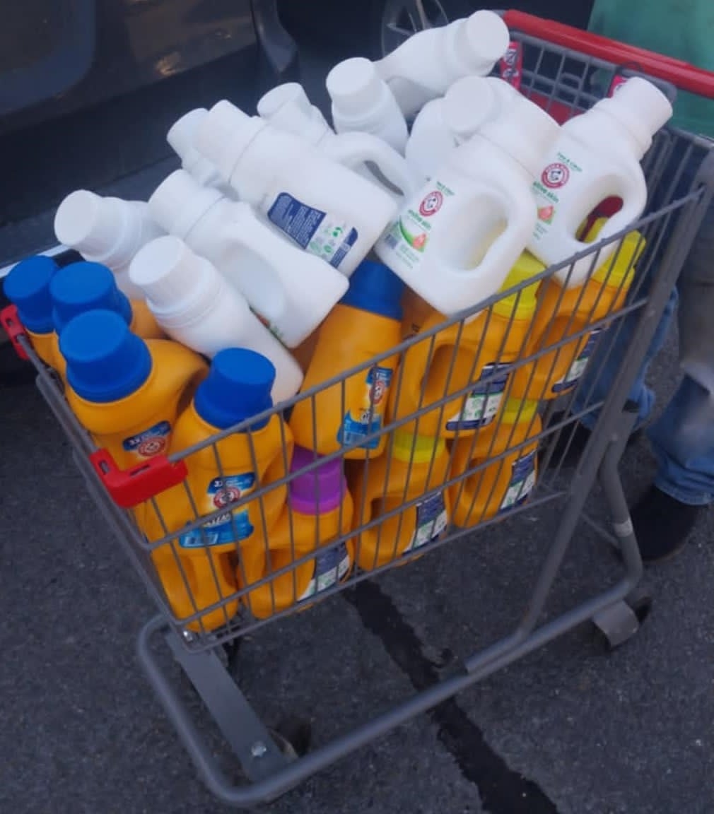 A cart of laundry detergent ready to restock the Community Porch in Hoosick Falls NY