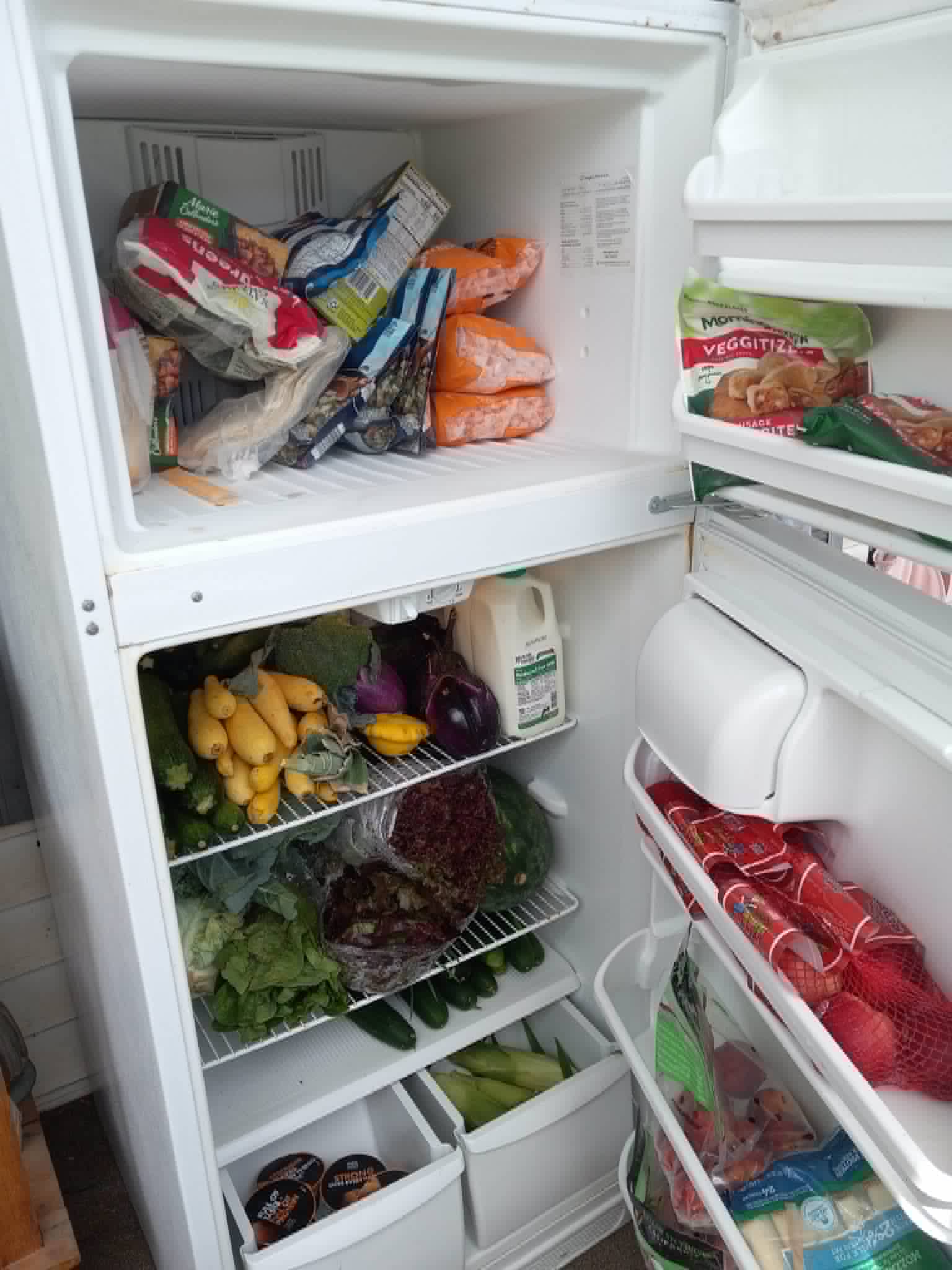 A refrigerator and freezer on the Community Porch in Hoosick Falls NY filled with fresh produce and frozen food