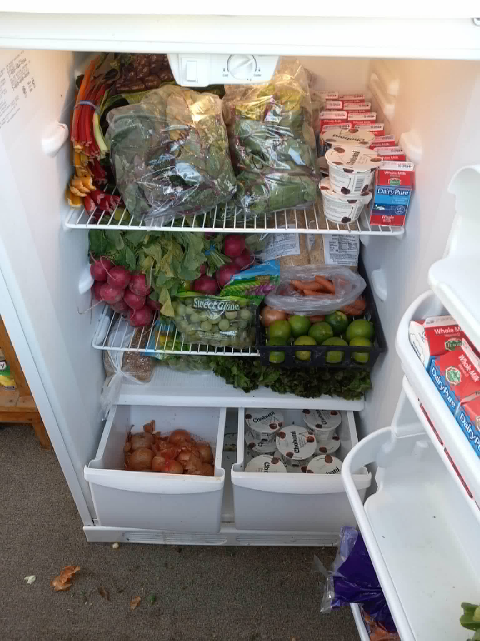 A Community Porch refrigerator in Hoosick Falls NY stocked with fresh greens, radishes, limes, and carrots