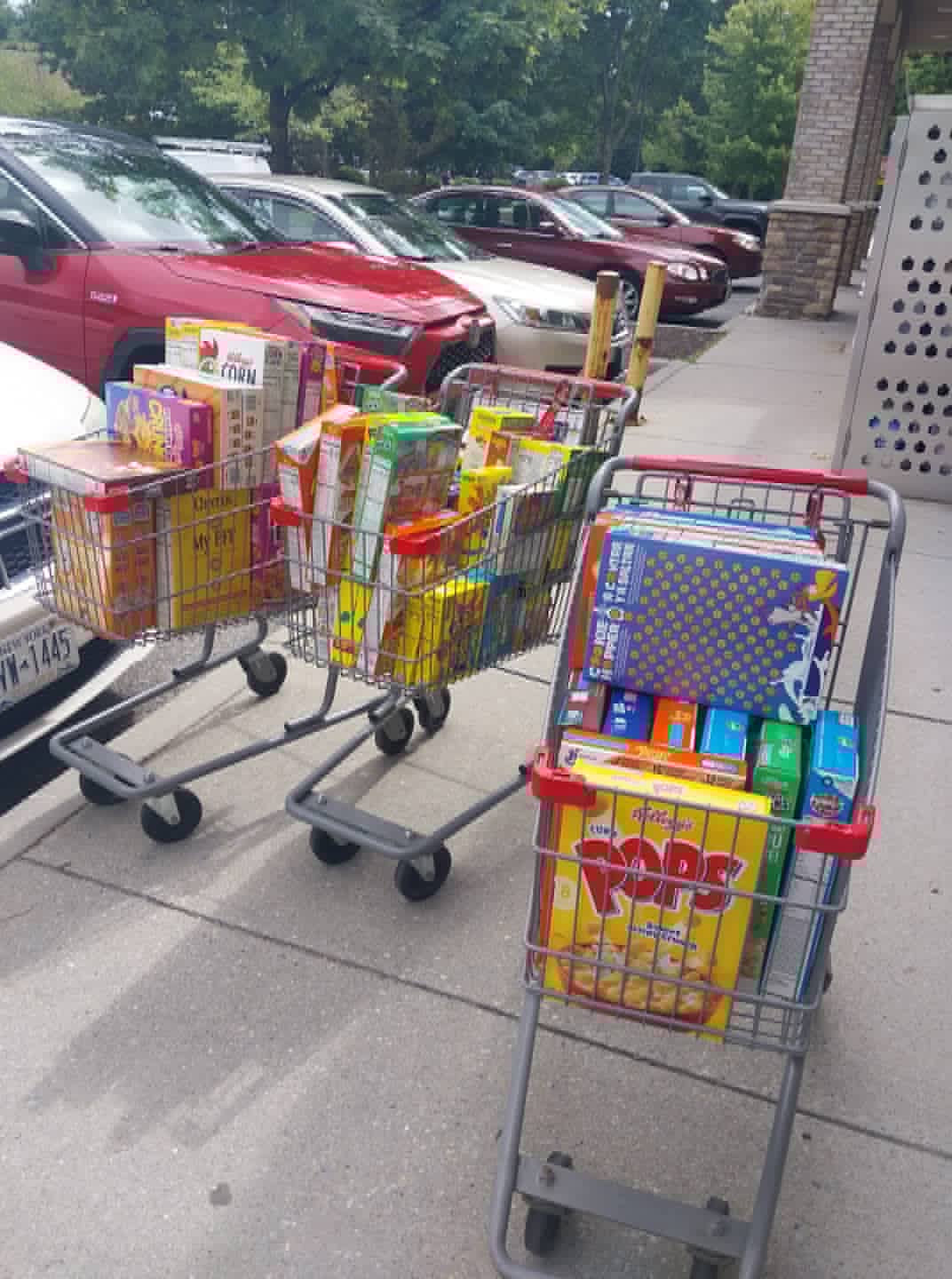 Shopping carts full of donated cereal headed to the Community Porch in Hoosick Falls NY