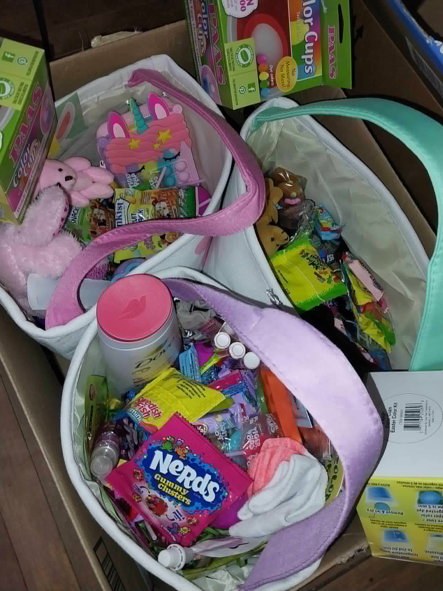Easter baskets with plush bunnies, candy, and egg dyeing kits from the Community Porch in Hoosick Falls NY