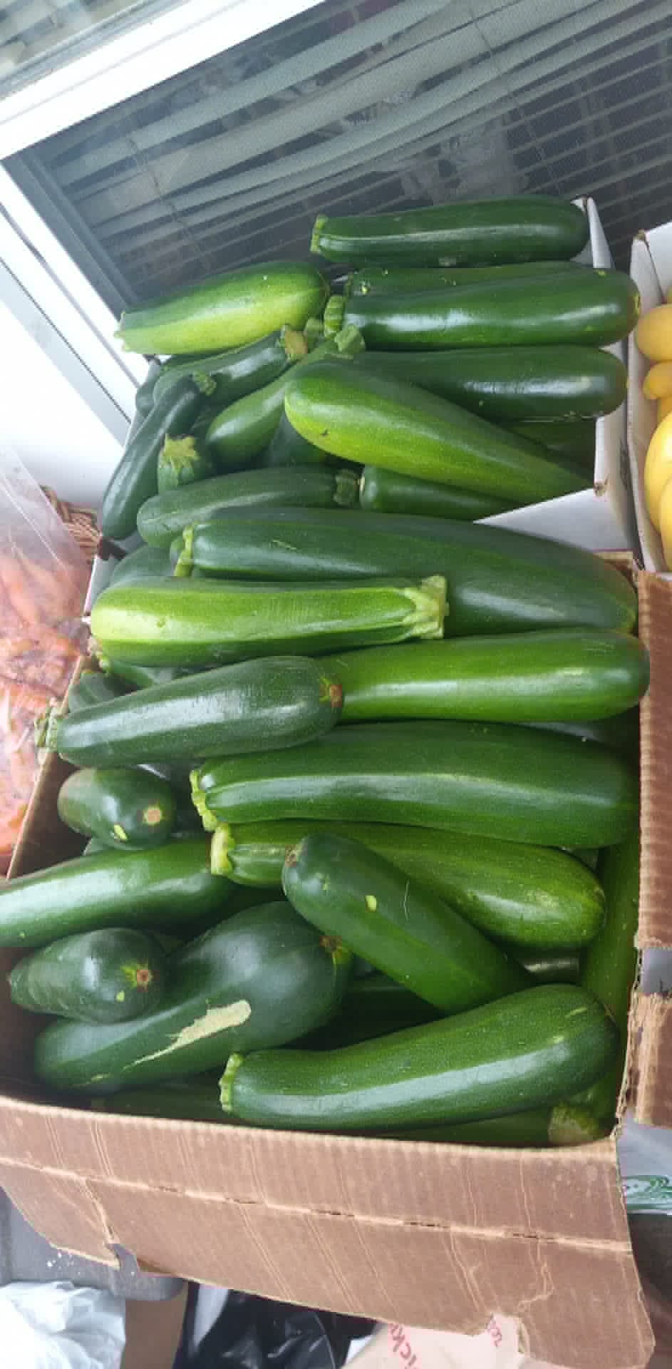 A box of fresh zucchini from local gardens at the Community Porch in Hoosick Falls NY