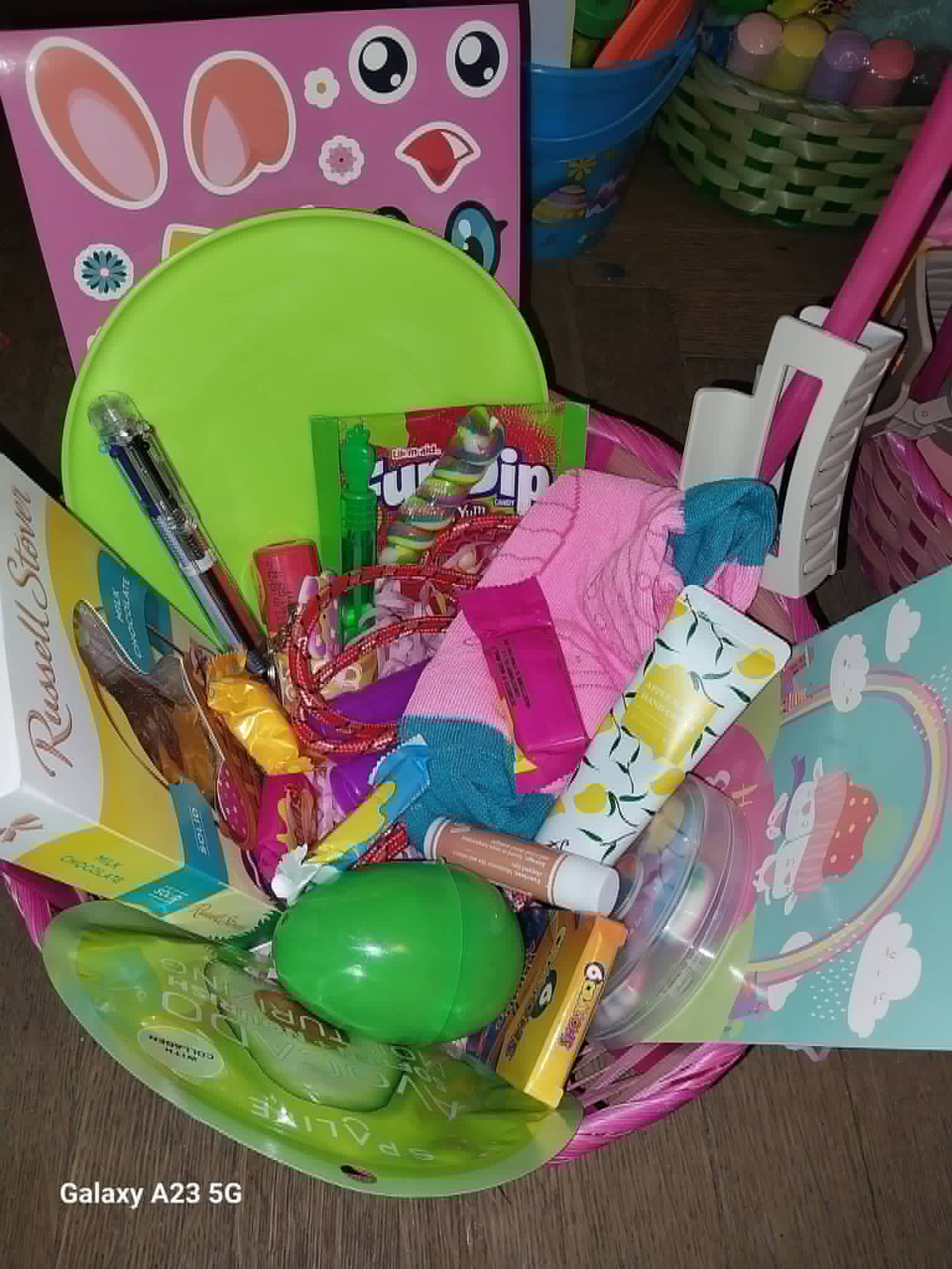 An Easter basket with candy, lotion, and socks from the Community Porch in Hoosick Falls NY