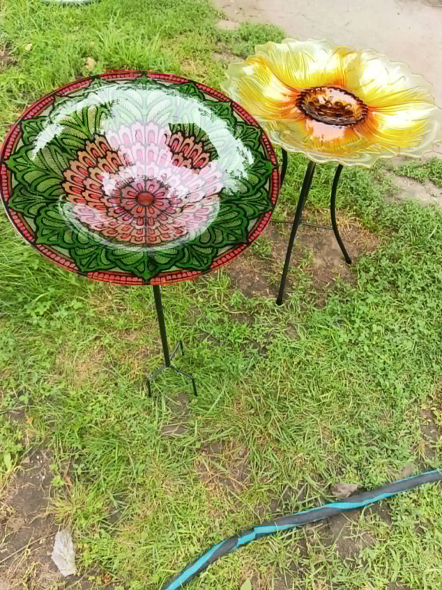 Two painted glass bird baths set out at the senior center garden for the Community Porch Grow and Share program near Hoosick Falls NY